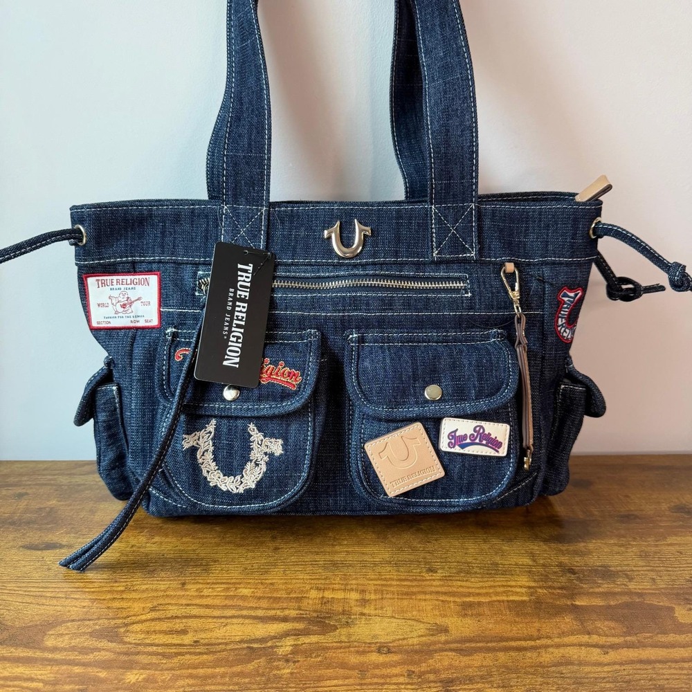 New True Religion Blue Denim Tote Shoulder Handbag Cute Gold Horseshoe Western